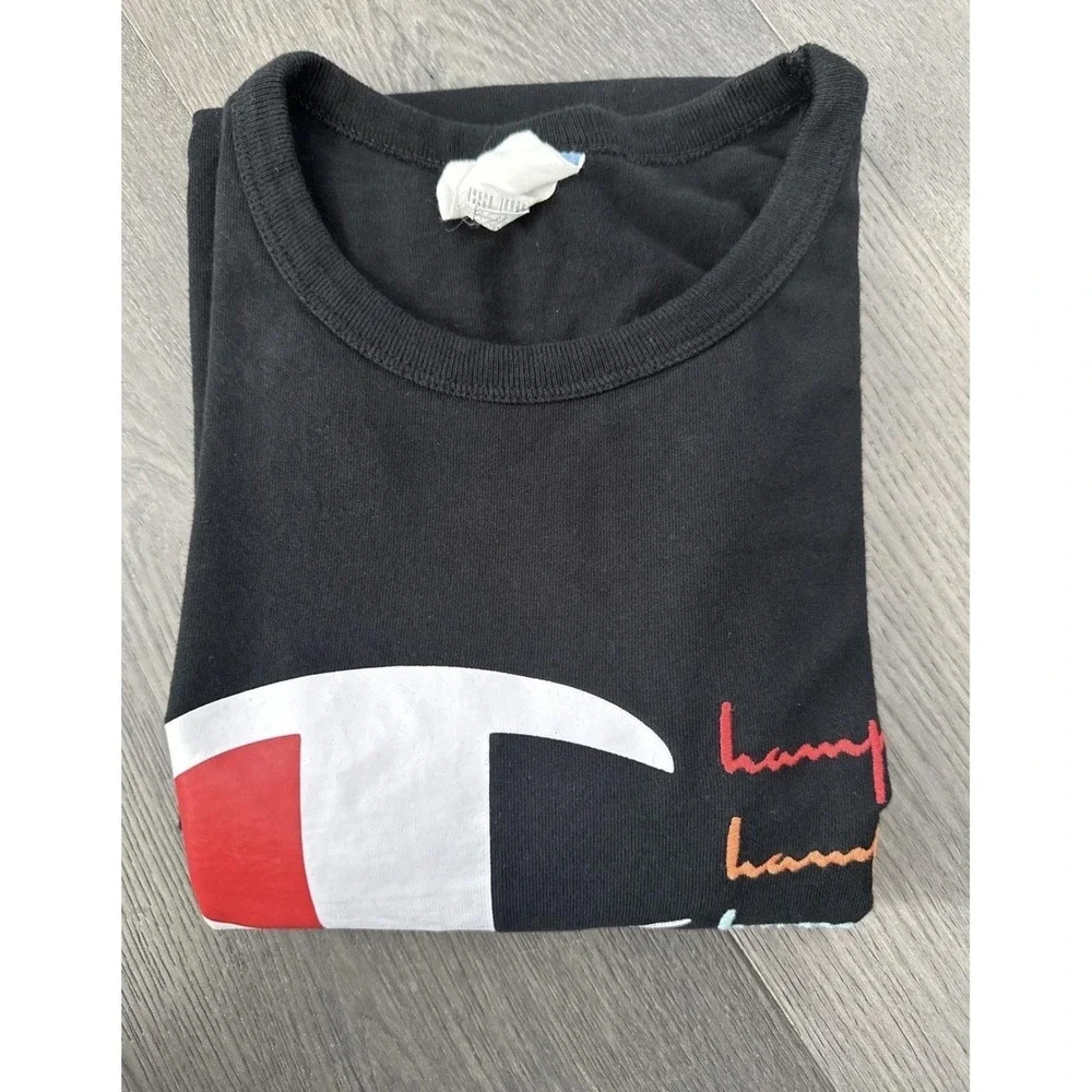 Champion Shirt Mens XL Black Big Logo Script‎ Front Graphic Tee Short Sleeve